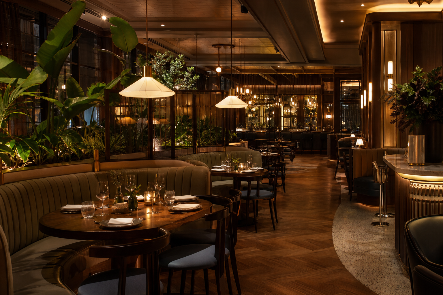 Interno di ristorante accogliente con luce calda e sedute di design
