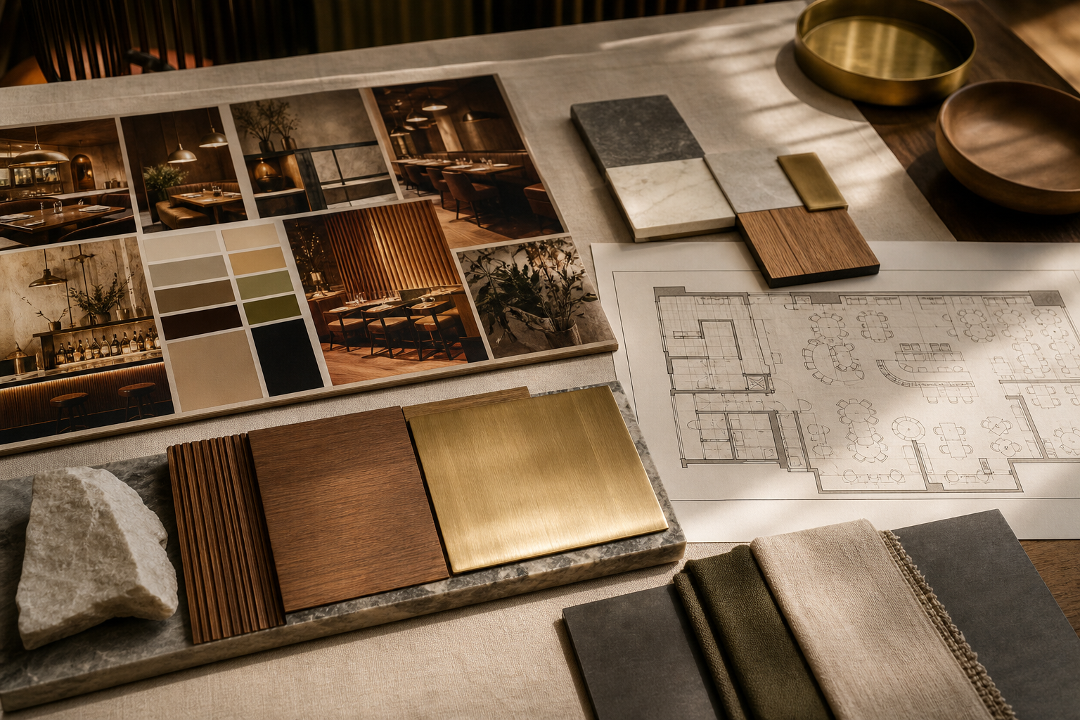 Moodboard di un concept di ristorante con campioni di materiali